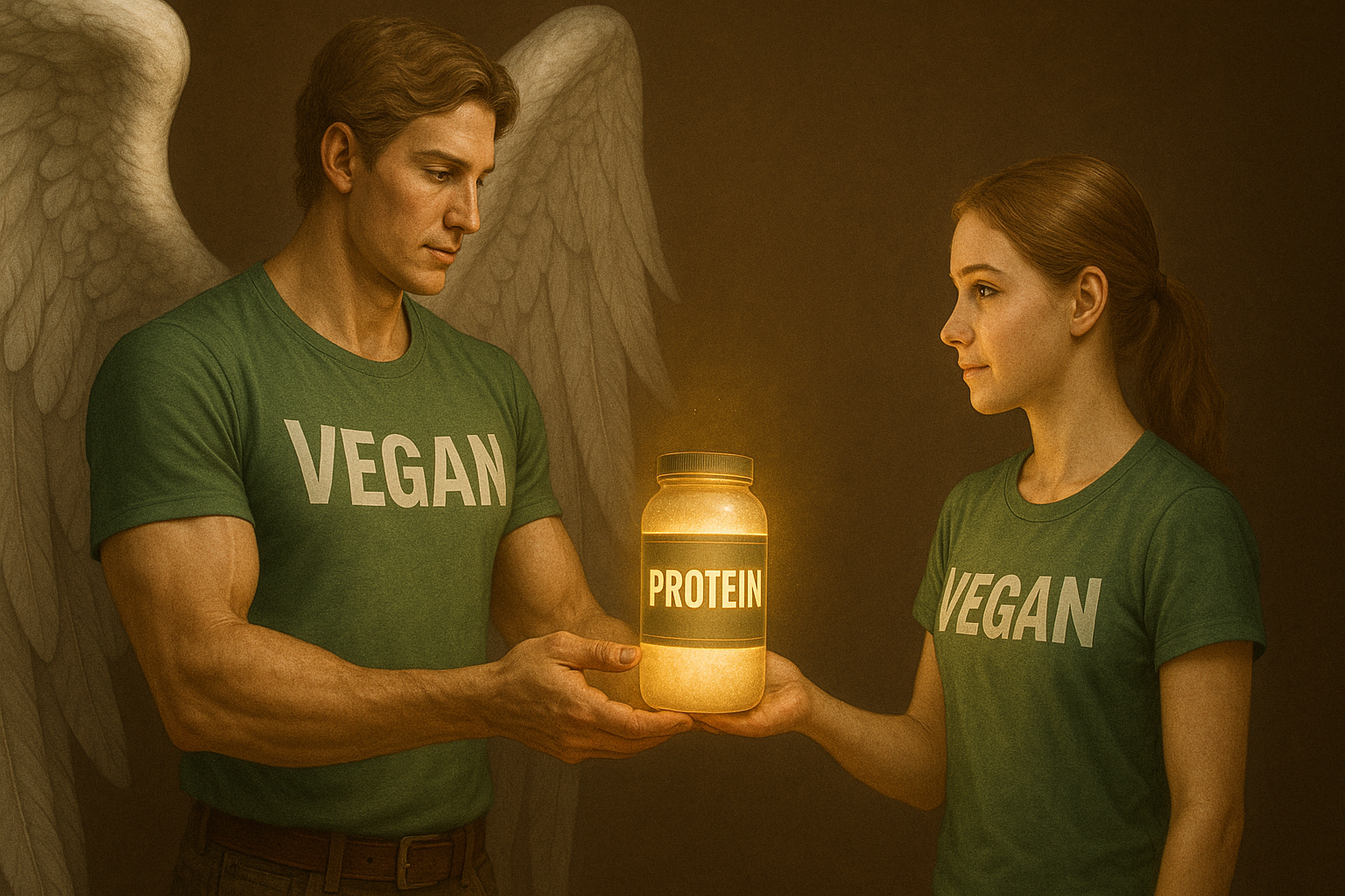 Happy group of diverse vegan friends wearing green 'VEGAN' shirts, smiling and surrounded by colorful fresh fruits and vegetables in a tropical outdoor setting, promoting plant-based lifestyle and community.