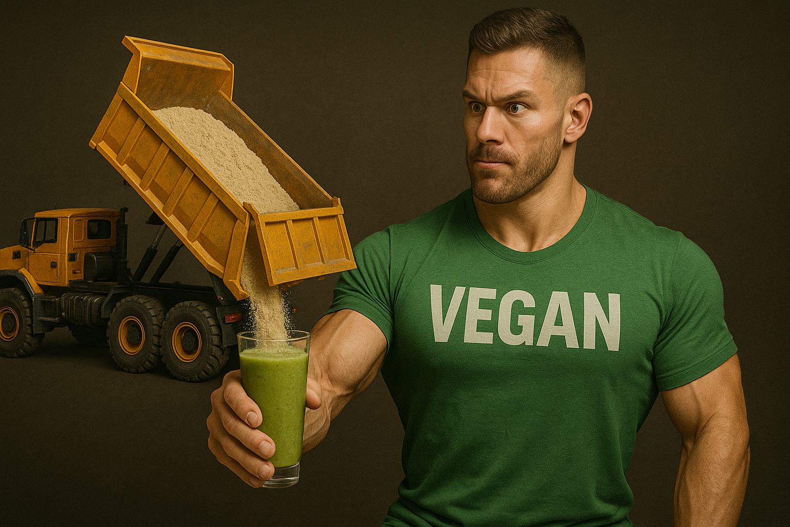 Muscular man in a green 'VEGAN' shirt holding a green smoothie looks surprised as a toy dump truck pours a massive load of protein powder into his glass, humorously highlighting plant-based nutrition.