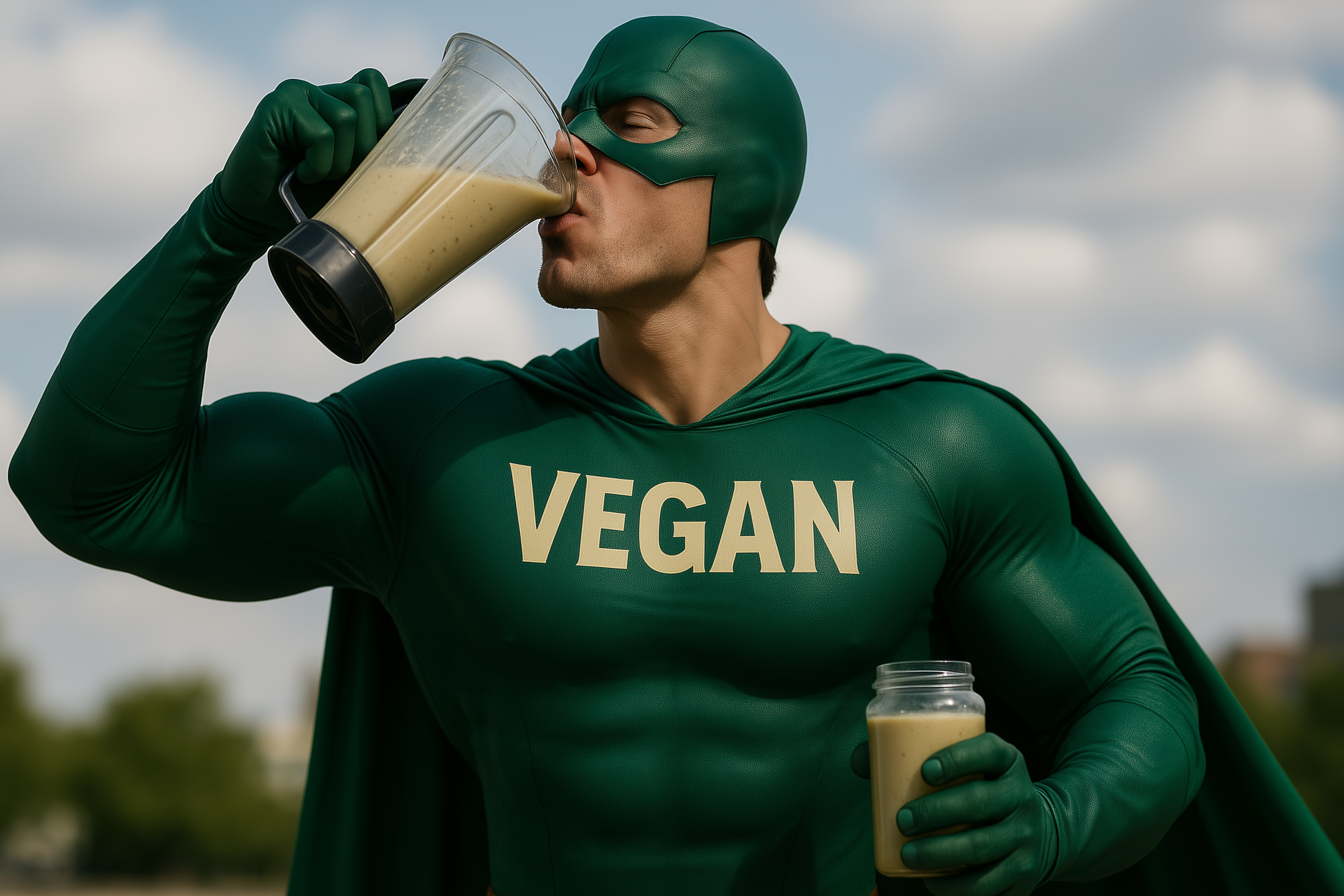 A muscular man dressed in a green superhero costume labeled 'VEGAN' drinks a smoothie directly from a blender pitcher while holding a jar of the same smoothie in his other hand, standing outdoors under a partly cloudy sky