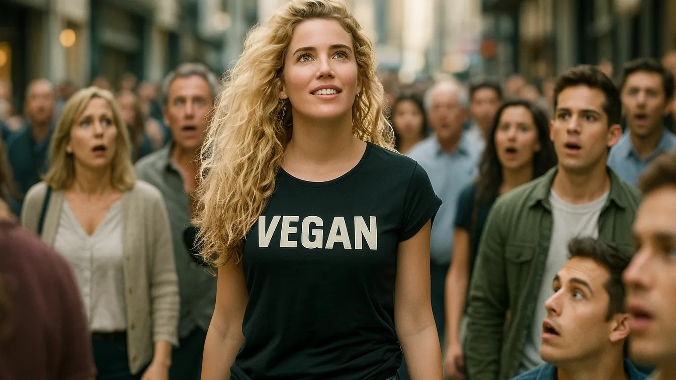 A smiling woman in a green 'VEGAN' shirt holds a giant pea pod and stands next to a large sack labeled 'PEA PROTEIN' in a sunny field, promoting soy-free plant-based protein.