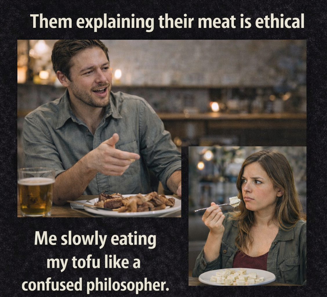 Them explaining their meat is ethical while vegan eats tofu confused